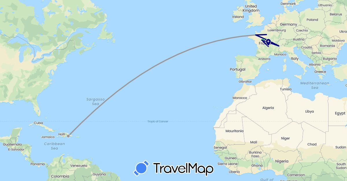 TravelMap itinerary: driving, bus, plane, cycling in Dominican Republic, France (Europe, North America)